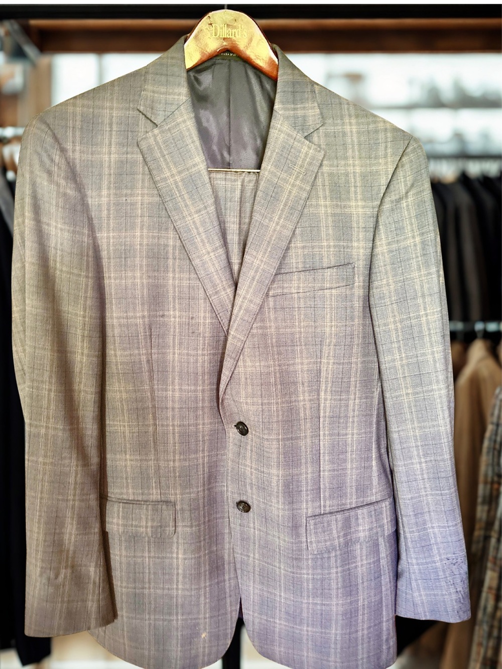 Hart Schaffner Marx 42L 100% Worsted Wool Suit - Gray Blue Windowpane Print